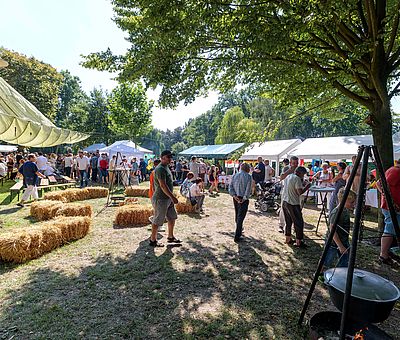 Beim Sommerfest der Kulturen in Fürstenau gibt es auch eine kulinarische Meile. Auf diesem Bild bekommt man davon einen guten Überblick. Der blaue Himmel strahlt über den Bäumen hervor. Es sind viele Menschen zu sehen, die über den Rasen schlendern und sich etwas zum Essen auszusuchen. Rechts unten auf dem Rasen hängt ein schwarzer Topf mit Deckel über einer offenen Feuerstelle. Etwas weiter links auf dem Bild und weiter hinten, steht noch ein Grill, um den Grill stehen mehrere Strohballen als Sitzgelegenheiten. Ganz links im Bild sieht man einen gespannten Fallschirm. Darunter stehen und sitzen viele Personen, die gerade am Essen sind. Rechts im Bild sieht man drei Pavillons, wo ebenfalls mehrere Menschen vorstehen und sich umschauen.